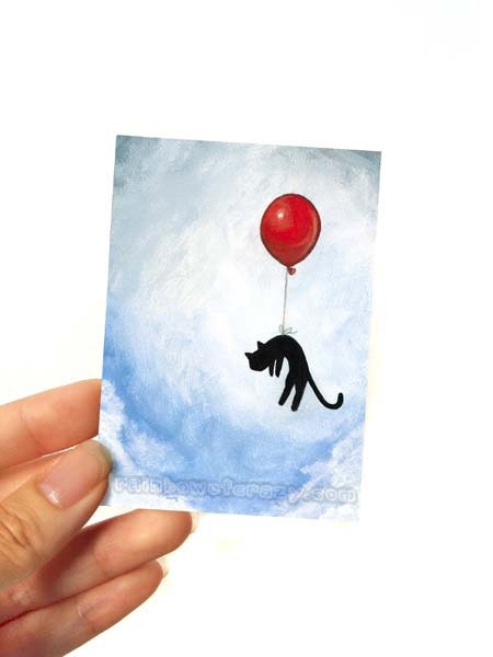 Floating Black Cat Art, ACEO Print, Red Balloon Picture, Nursery Room Artwork, Flying Cat Print