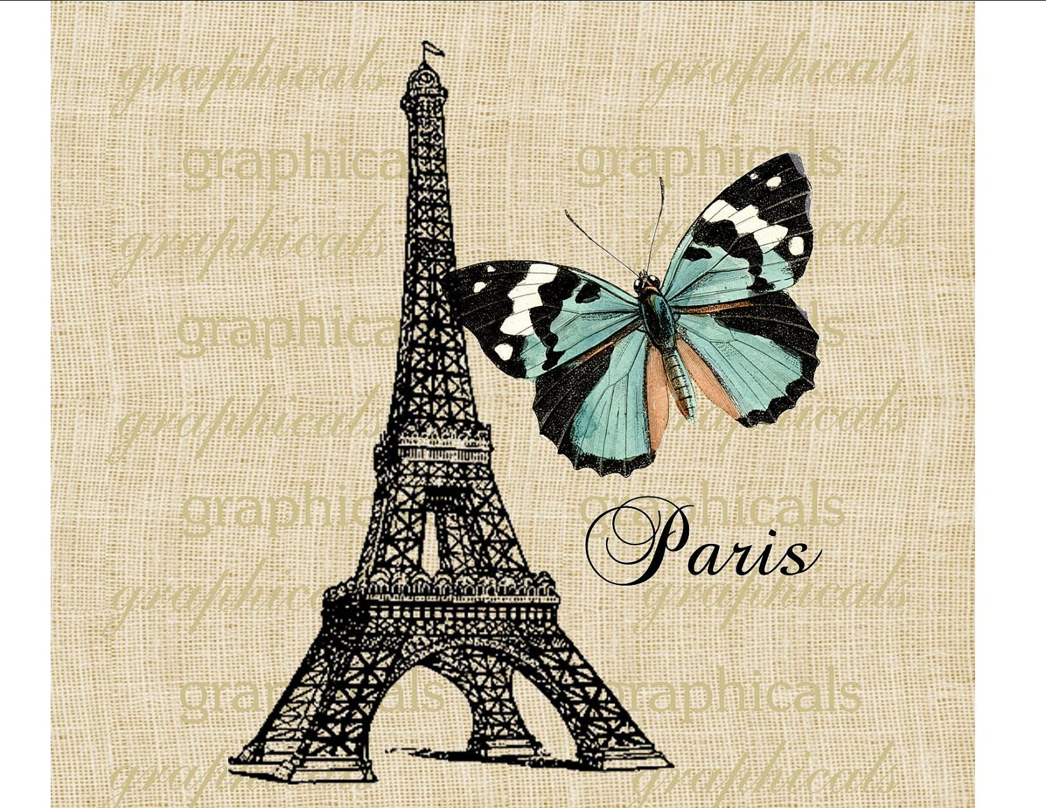 Paris vintage Eiffel Tower Teal butterfly Paris digital download image for fabric transfer decoupage paper burlap pillows tote bags No. 563