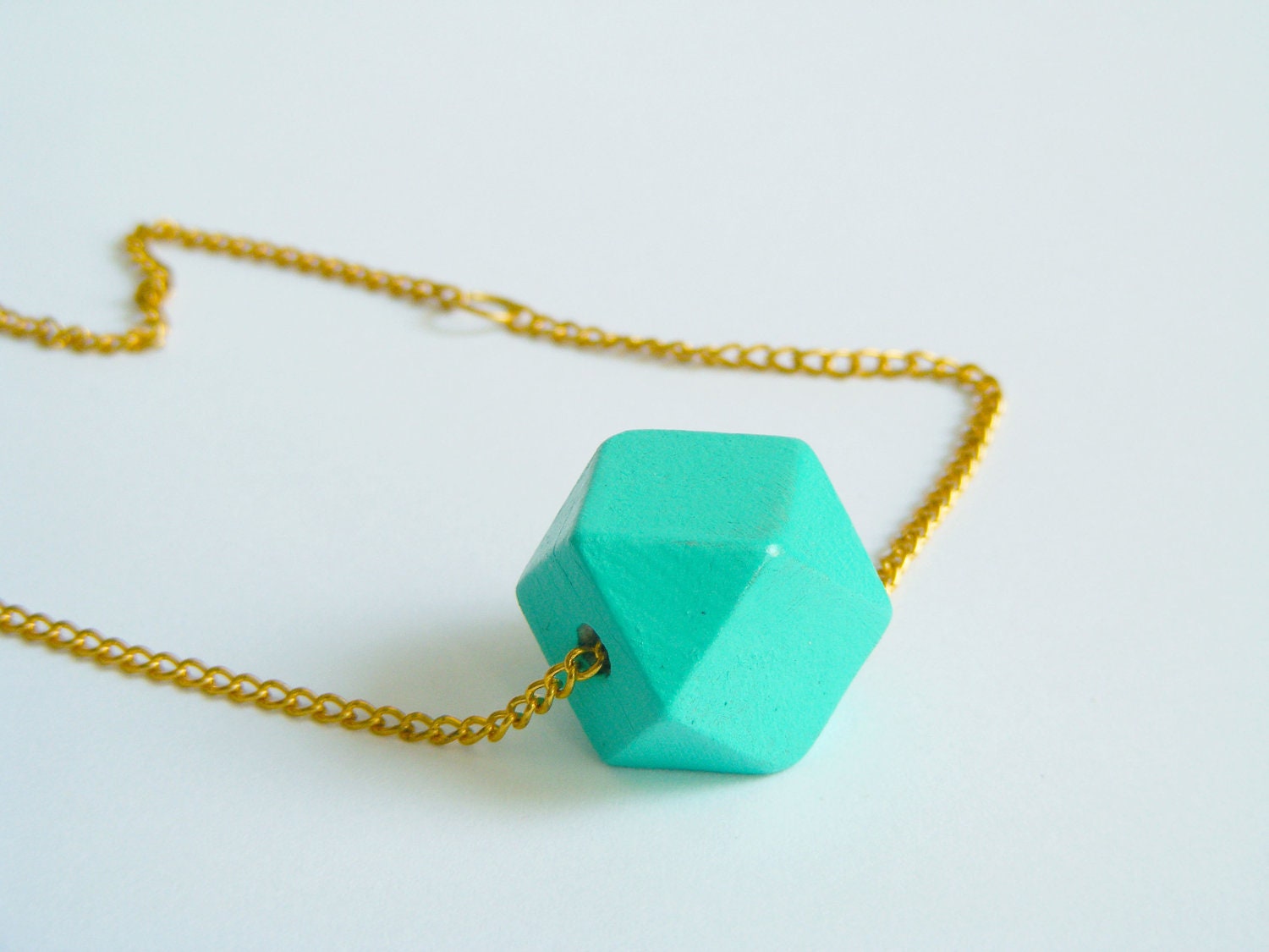 Mint Green Necklace - Hand Painted Wooden Necklace - Mint Blue Bead on a Long Chain - Geometric Bead on Golden Chain - Bohemian Necklace