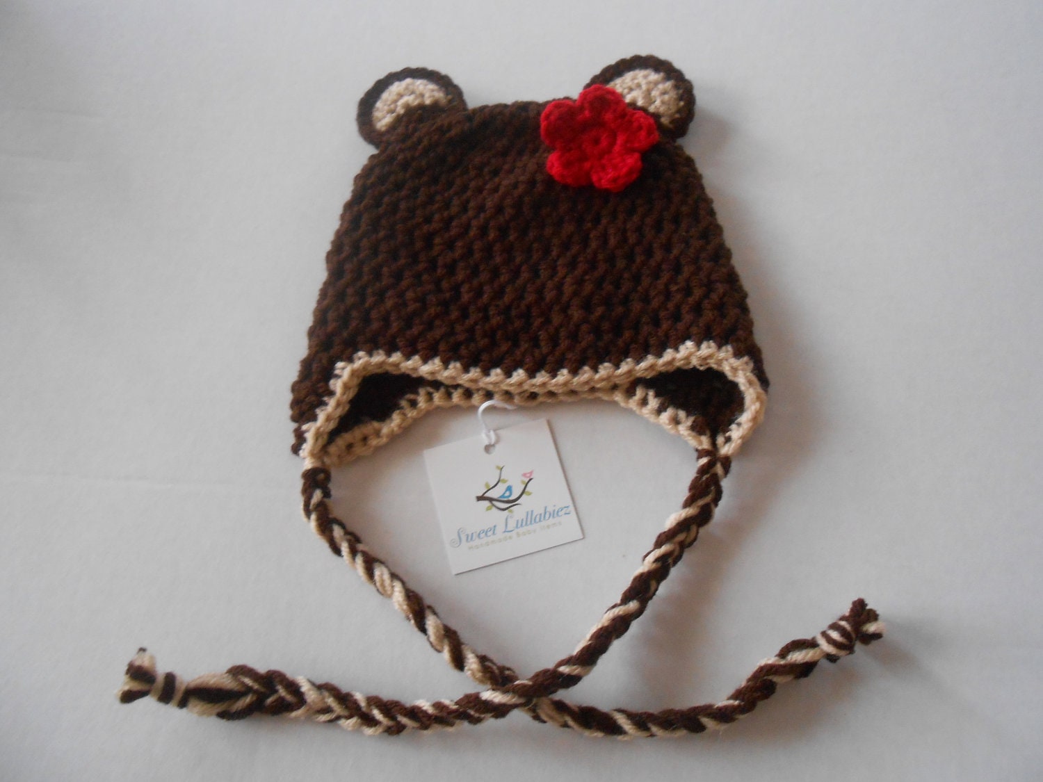 SALE - Girly Bear Beanie in Brown & Tan / Beige with Red Flower Custom Photo Prop - Pick Your Size Crochet Baby Hat Gift Boy Girl