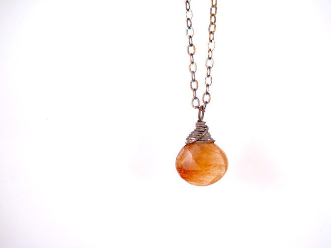 Oxidized Silver Necklace, Copper Rutilated Quartz Necklace, Oxidized Silver Chain with Oxidized Silver Pendant, Dainty Small Quartz Necklace