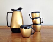 West Bend Thermo Serv Pitcher and Mugs Insulated Gold and Black - vintage19something