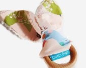 Natural Wooden Teething Ring Soother in 'Pink Starlings'  fabric and Unbleached Bamboo Terry....a baby gift idea from Cwtch Bugs