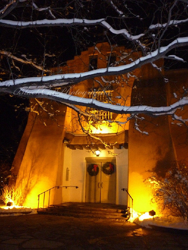 Santa Fe church photo, night photography, winter wall art,silent holy night 5x7, Christmas holiday decor, New Mexico art, golden chapel