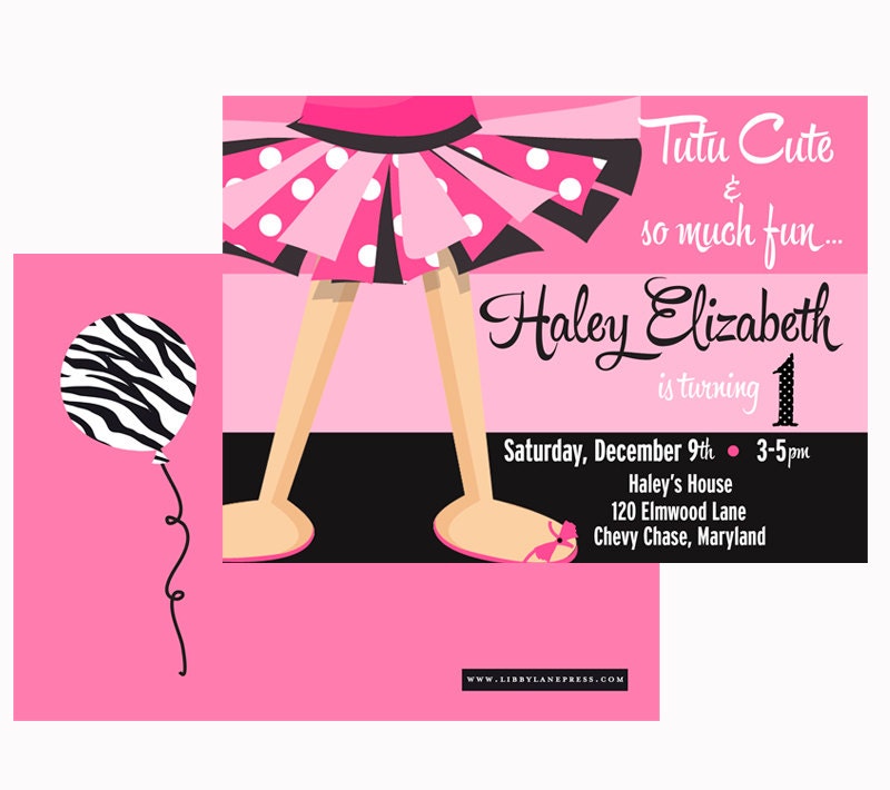 TUTUS Birthday Invitation, Ballet Party, PINK and Black Polka dots and Zebra, PRINTABLE by Libby Lane Press Il_570xn