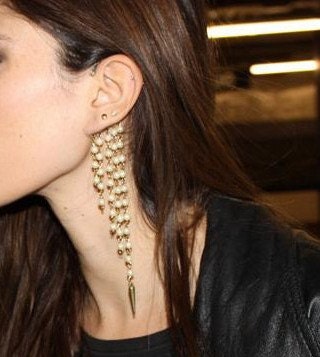 Gothic Punk Rock Golden Irregular Long Tassels Faux Pearl Dangle Bronze Rivet Spike Ear Cuff Clip Stud Wrap Earrings NO PIERCING