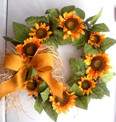 Sunflower wreath with yellow burlap bow, summer sunflower door wreath
