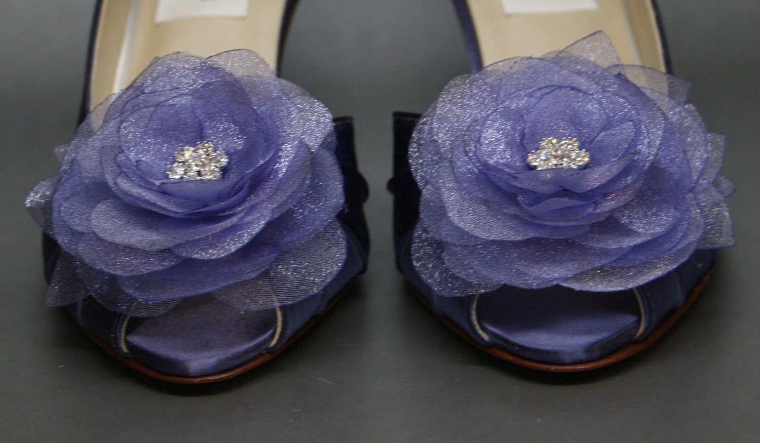 Wedding Shoes -- Dark Lilac Satin Peeptoes with Matching Organza Flower Adornment