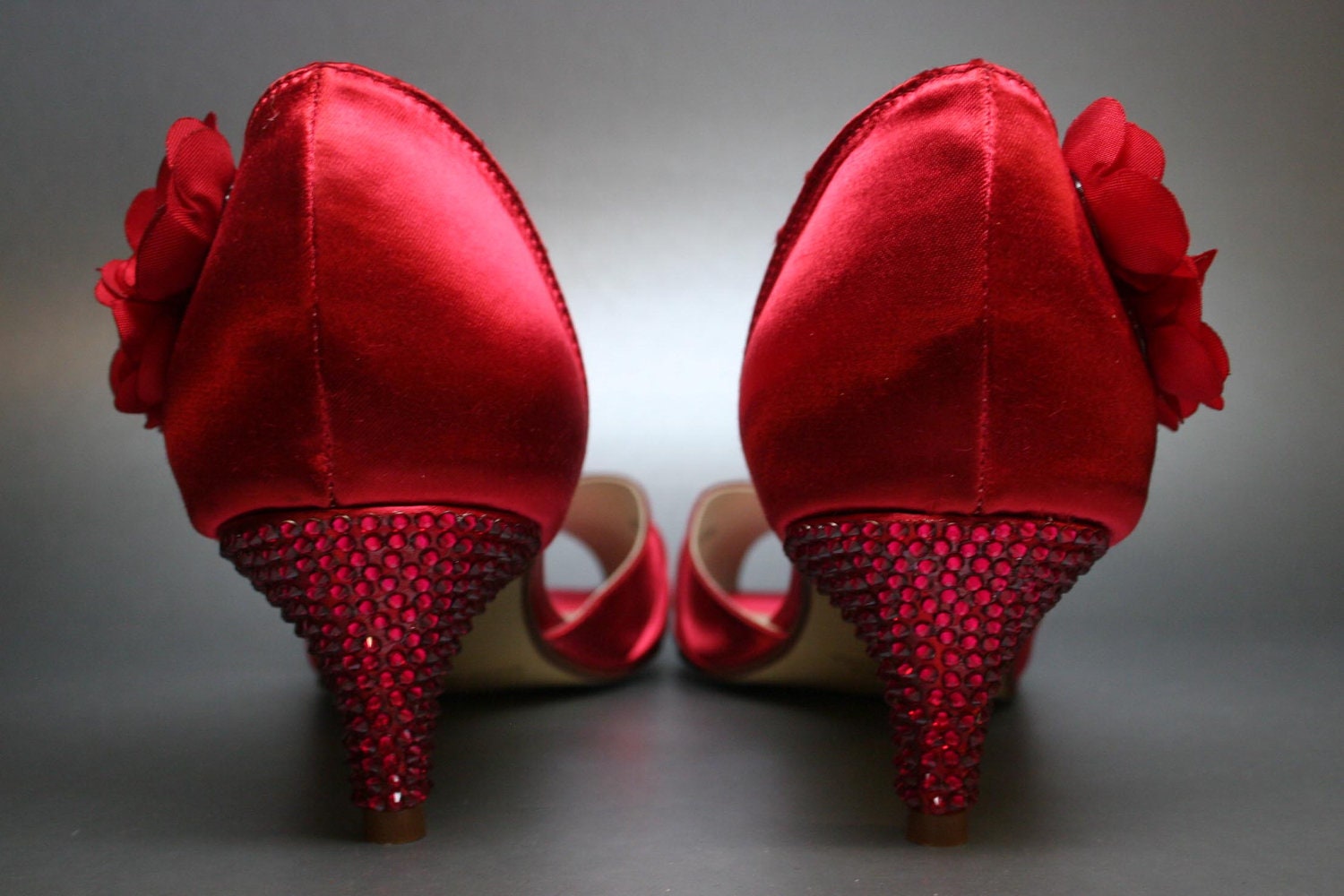Red Wedding Shoes -- Red Satin Peeptoes with Red Rhinestone Heels and Red Flowers