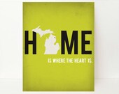 State Silhouette Print Michigan Home State Wall Art, 8x10, Home Is Where The Heart Is Typography, green Dorm Room Decor