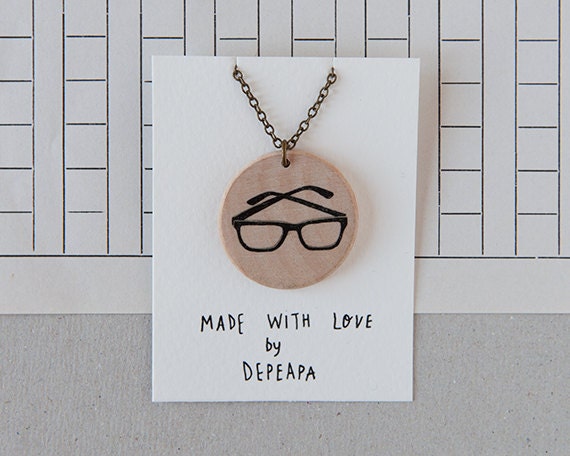 Glasses - illustrated wooden necklace