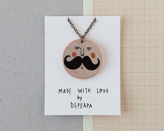 Big mustache - illustrated wooden necklace