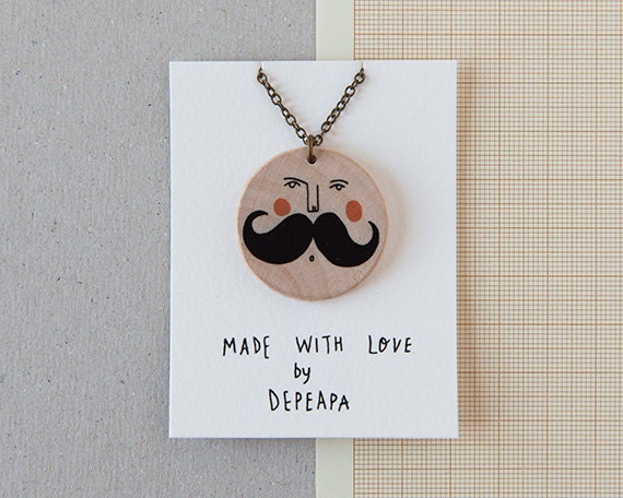 Big mustache - illustrated wooden necklace
