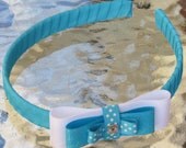 Loopy Bow Headband with Rhinestone - Turquoise and White
