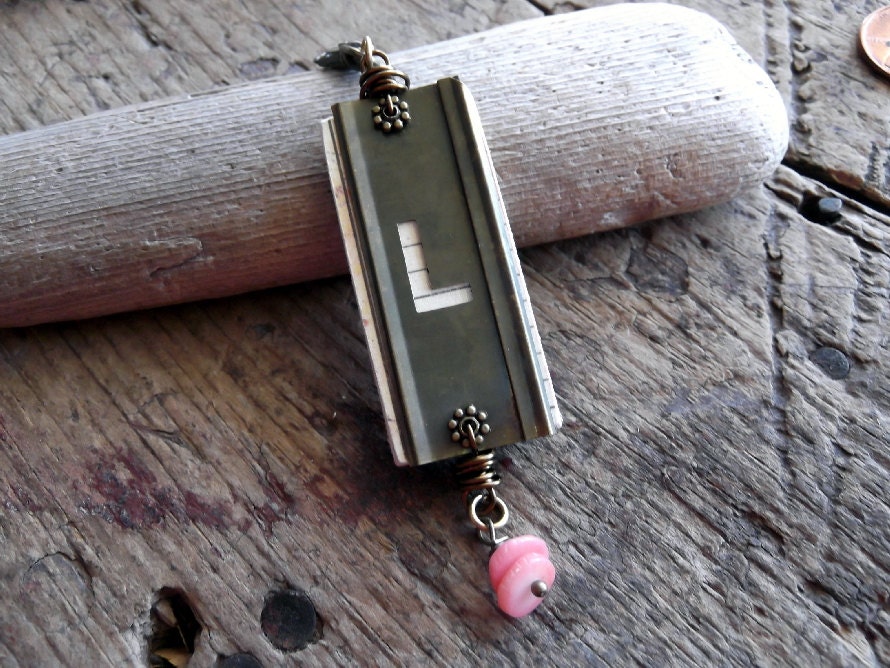 L, Brass Letter Charm, Antiqued Brass Stencil, Initial Charm