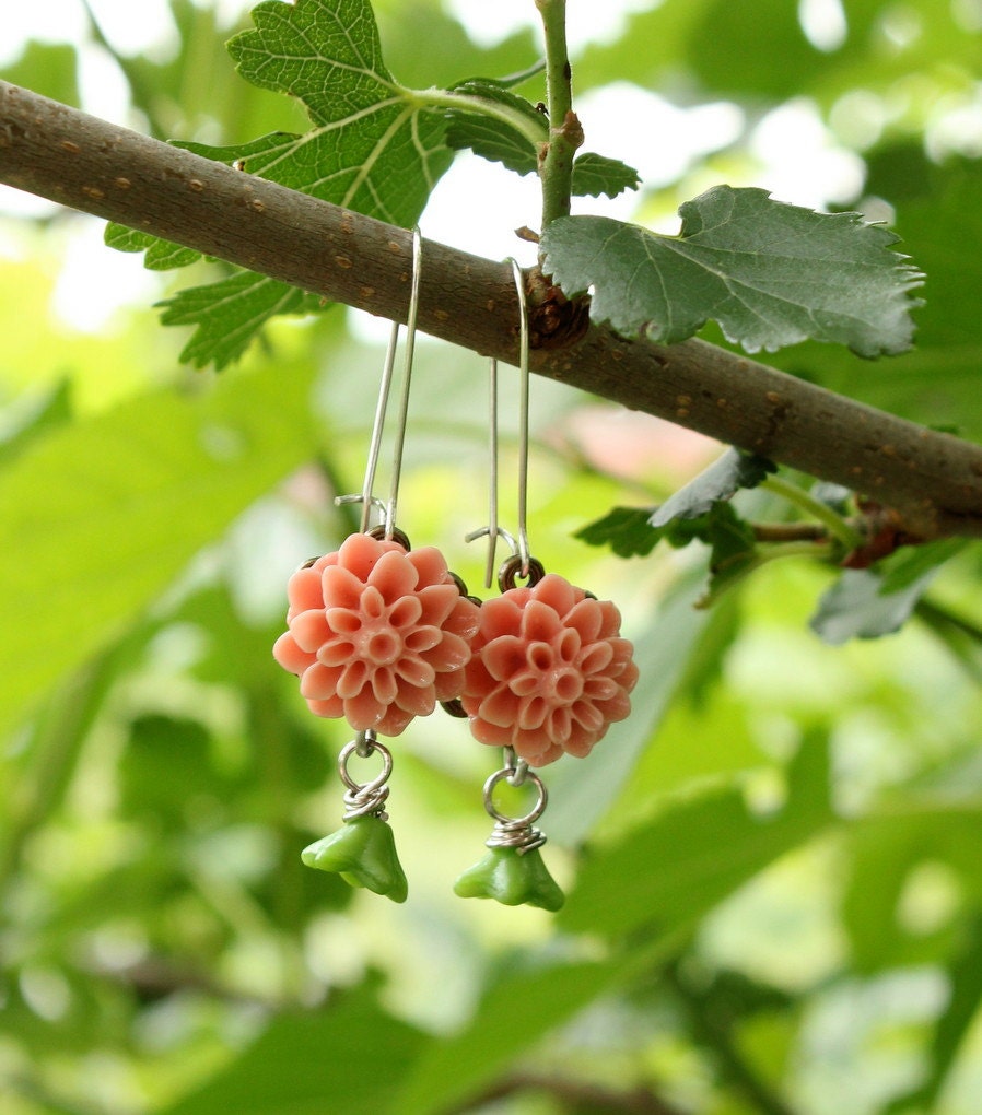 Earrings Peach Green Resin Chrysanthemum Cabochon Wedding Party Jewelry