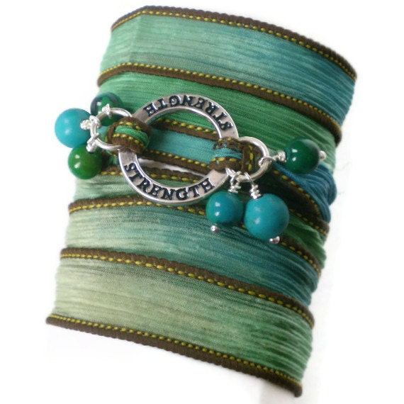 silk ribbon wrap bracelet, yoga inspired, turquoise beads, chrysocolla beads,silver affirmation ring, boho wrist wrap