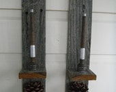 Sale 25% off Primitive Wall Sconce Pair Pine Cone Accents Home Decor Old Weathered Wood Antique Bobbin Rustic Country Decor Natural Finish
