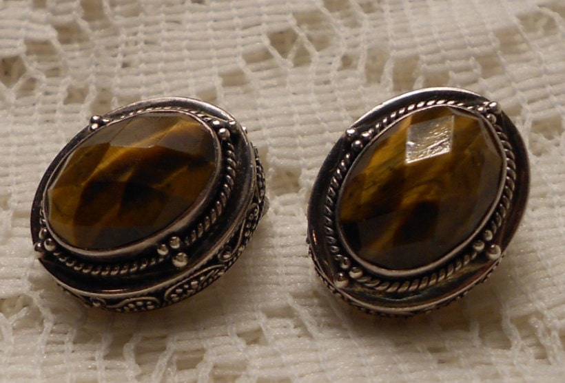 Vintage Ornate Sterling Silver Tiger Eye Earrings by Lori Bonn