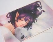 Sleeping to Dream - Digital Art MIni Print 4 x 6. Purple haired elf sleeping with koala.
