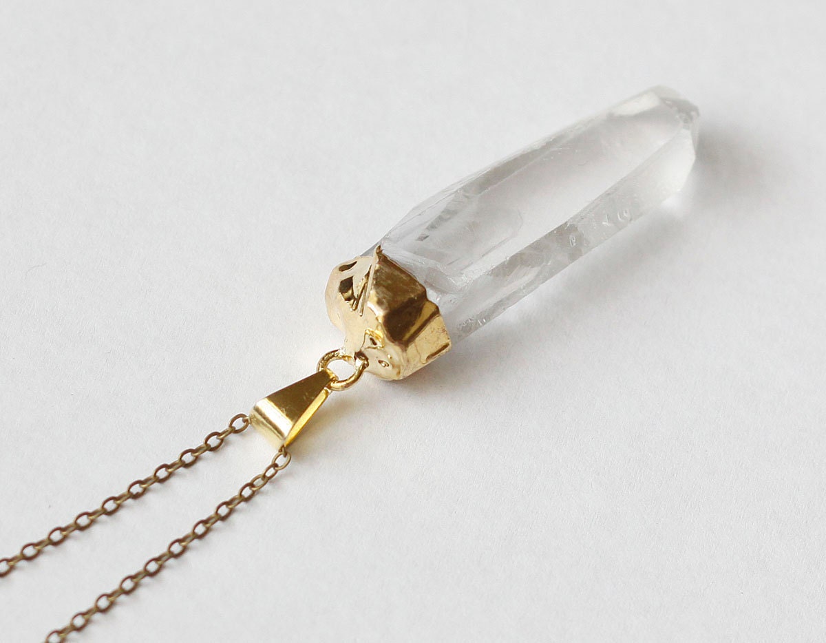 Gold dipped quartz pendant // Antique Brass Chain // Crystal Necklace // Fall Jewelry