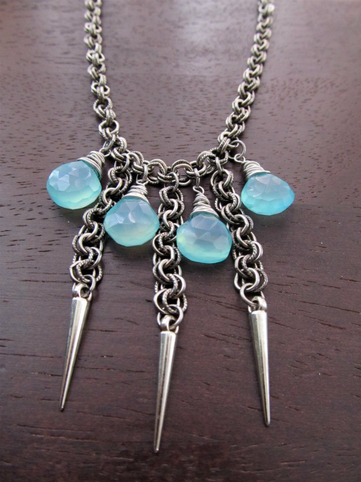 It Girl, Rocker Chic, Antiqued Silver Chain, Spiked Beads,Chalcedony Gemstone Necklace
