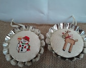 Tin Embroidered Ornaments, Christmas, Reindeer and Snowman