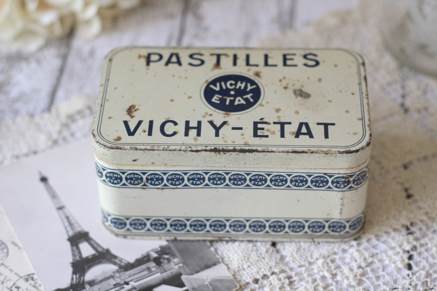 Vintage French Tin - Pastilles Vichy - Etat - Blue and Cream - circa 1920's
