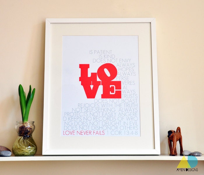 Love Never Fails. 1 Corinthians 13:4-8. 11.5x15.5 in. Christian Poster Print. Bible Verse.