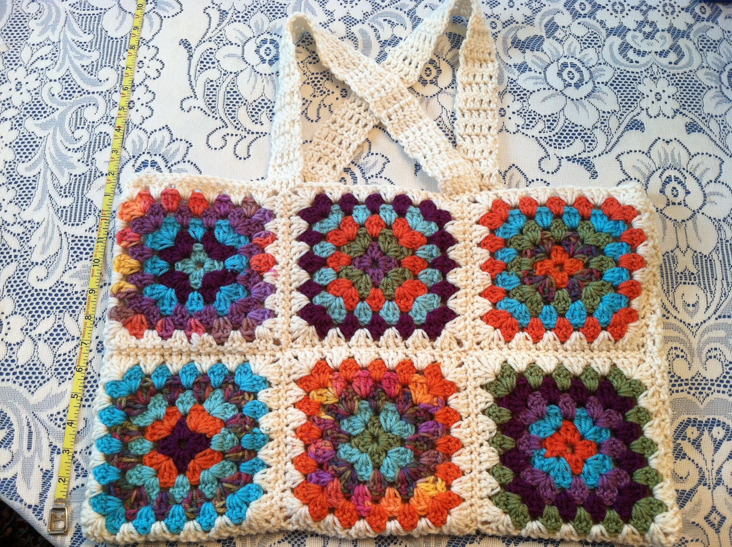 Large Creme Bright Multicolor Crochet Granny Square Tote Bag
