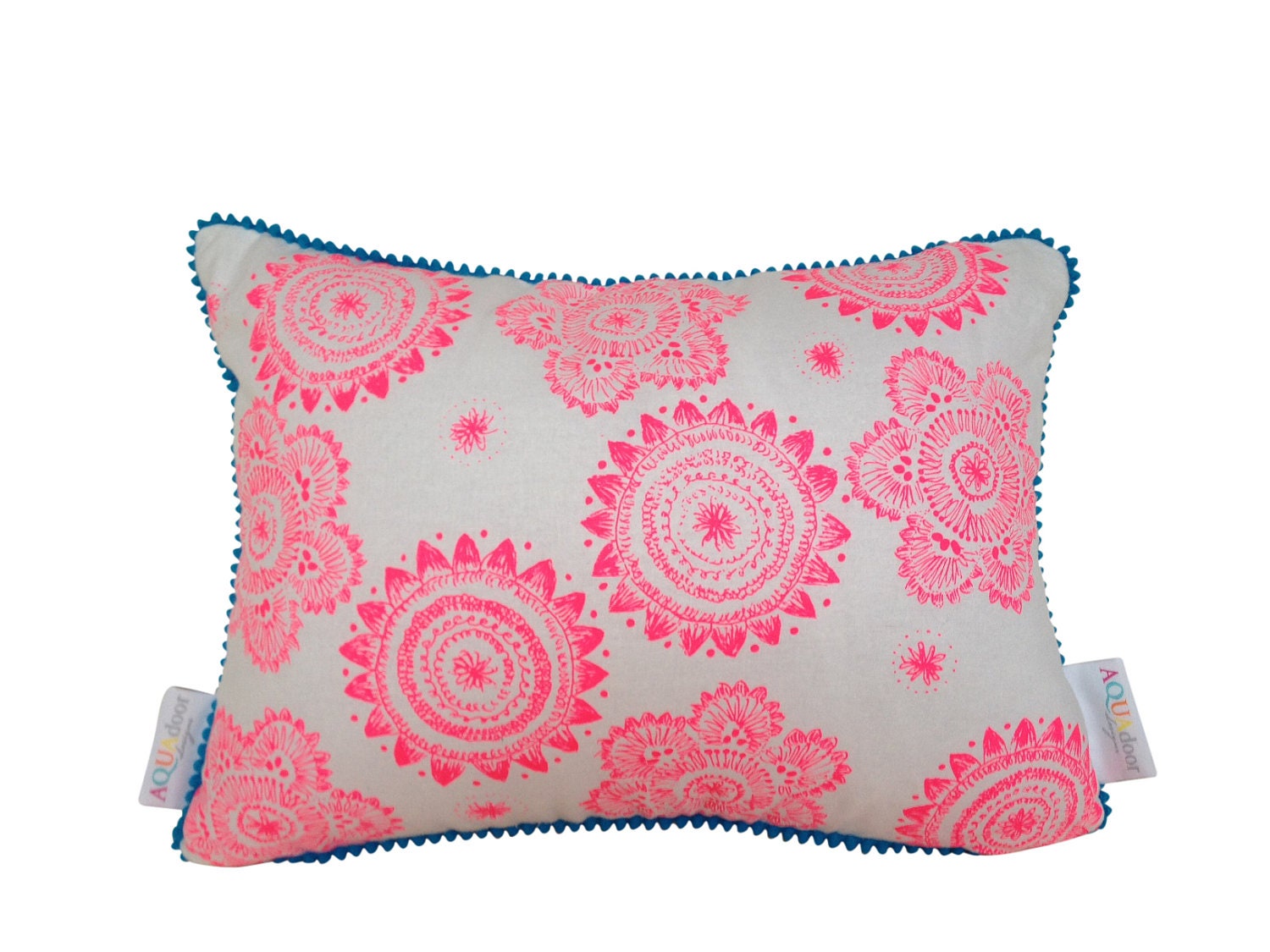 Cushion cover Messy Posey design. Fluro pink design on white Linen/Cotton with aqua blue mini pompom trim 40cmx30cm