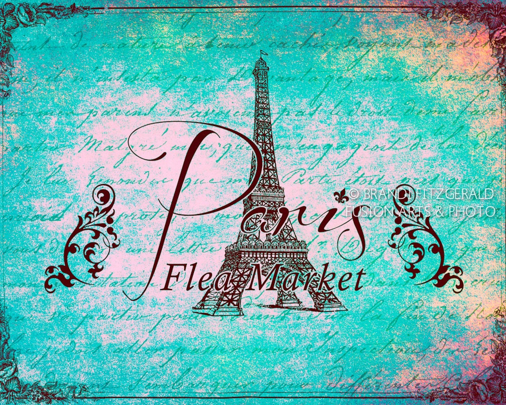Paris Fleamarket. 8" x 10"  Paris France Landmark Typography Fusion Paintographic Fine Art Print