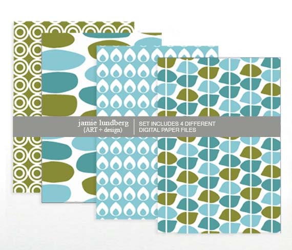 Simplicity Scrapbook Digital Paper and Gift Tag Set - Teal, Light Blue, and Green Coloration