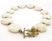 White Stone Necklace, Magnesite Beads, Flower Toggle