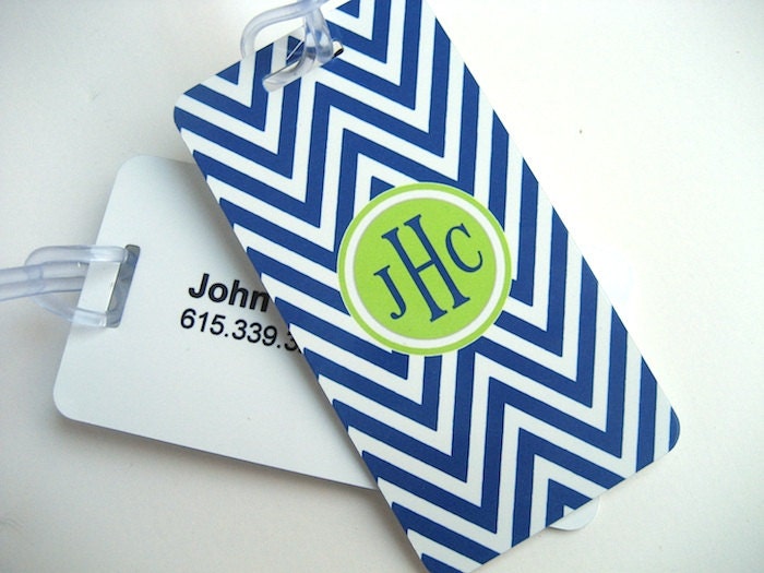 Luggage Tag Pair - Navy Blue and White Chevron Custom Monogram Luggage Tag - Personalized Luggage Tag - Travel Tag - Your Monogram
