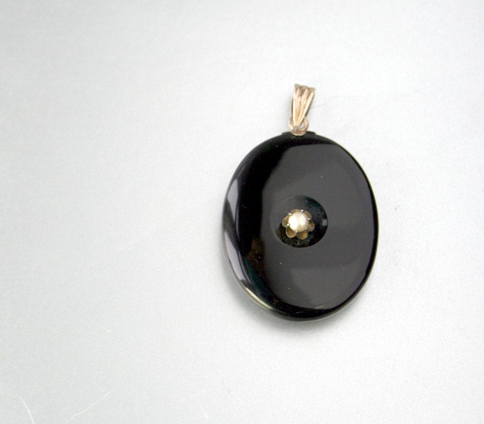 VICTORIAN Onyx Locket Pearl  Mourning Sterling Silver Crystal Glass - DresdenDollz