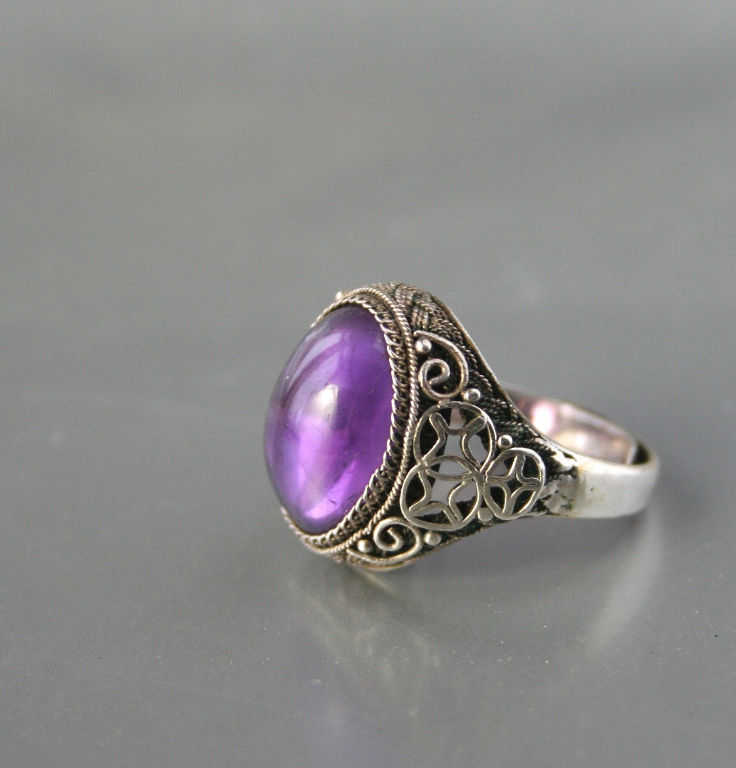 Chinese Filigree Export Ring Adjustable Amethyst Sterling Silver 925 Cabochon