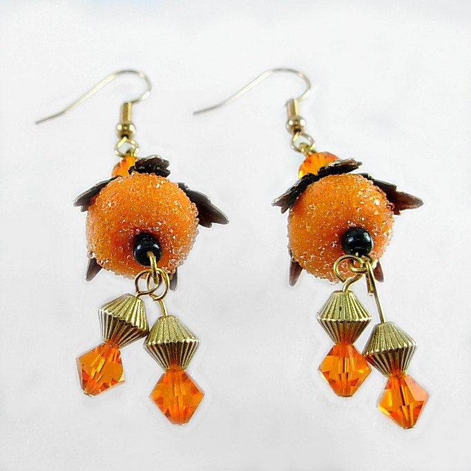 Tangerine Artisan Lampwork & Swarovski Floral Earrings, Orange n Black, Halloween