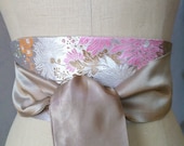 Taupe Silk satin asian brocade obi sash pink reversible wedding engagement party