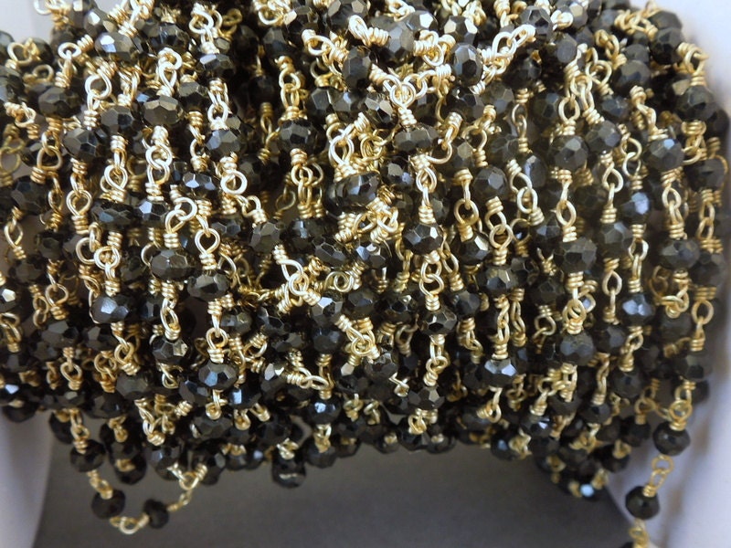 Black Spinel Rosary Style Beaded Chain - Black Spinel Beads wire wrapped Gold chain per foot