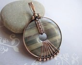 Silver Leaf Jasper Donut Stone Wire Wrapped Pendant in Copper Handmade