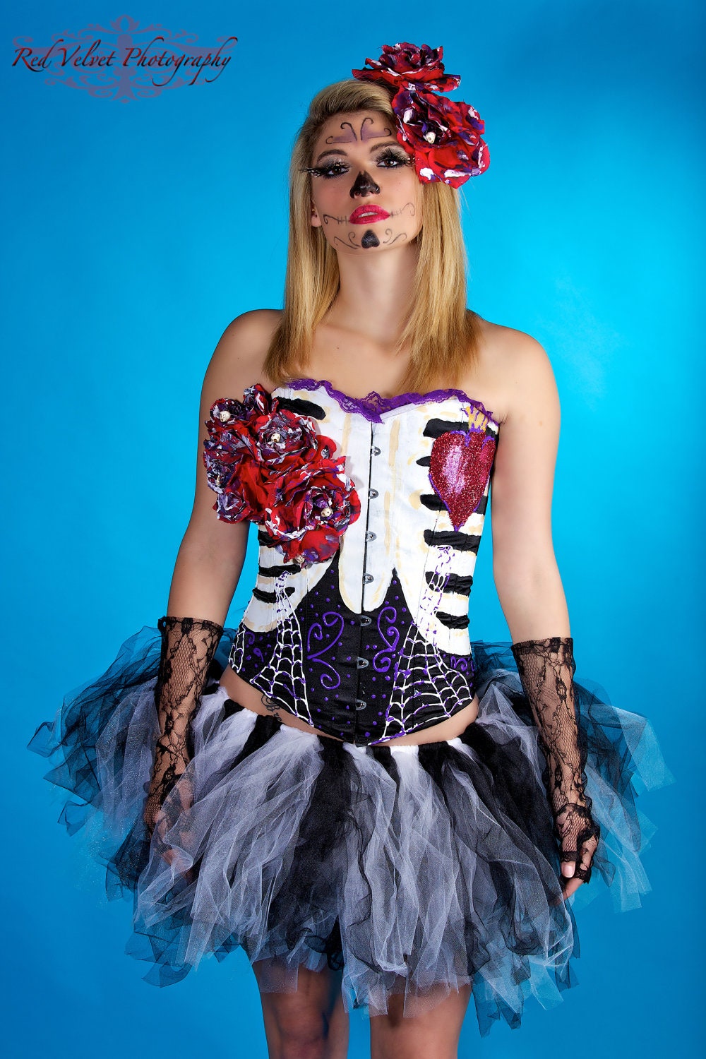 Day of the Dead Costume- Black Steelboned Corset, Black and White Tulle Skirt