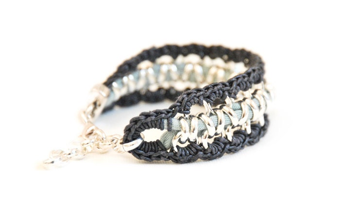 bracelet mint jersey dark grey yarn silver tone chain