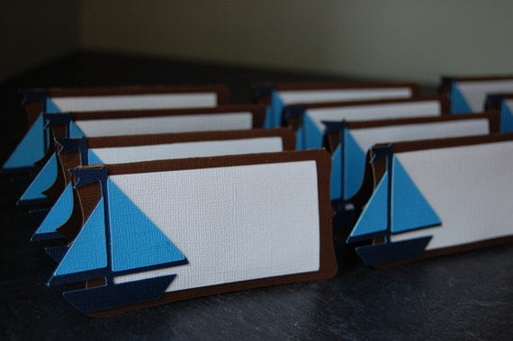 Sailboat Place Cards, Sailboat Food Labels, Sailboat Party Supplies, Nautical, Brown, Navy and Blue and Blue 12 Pcs Il_570xn