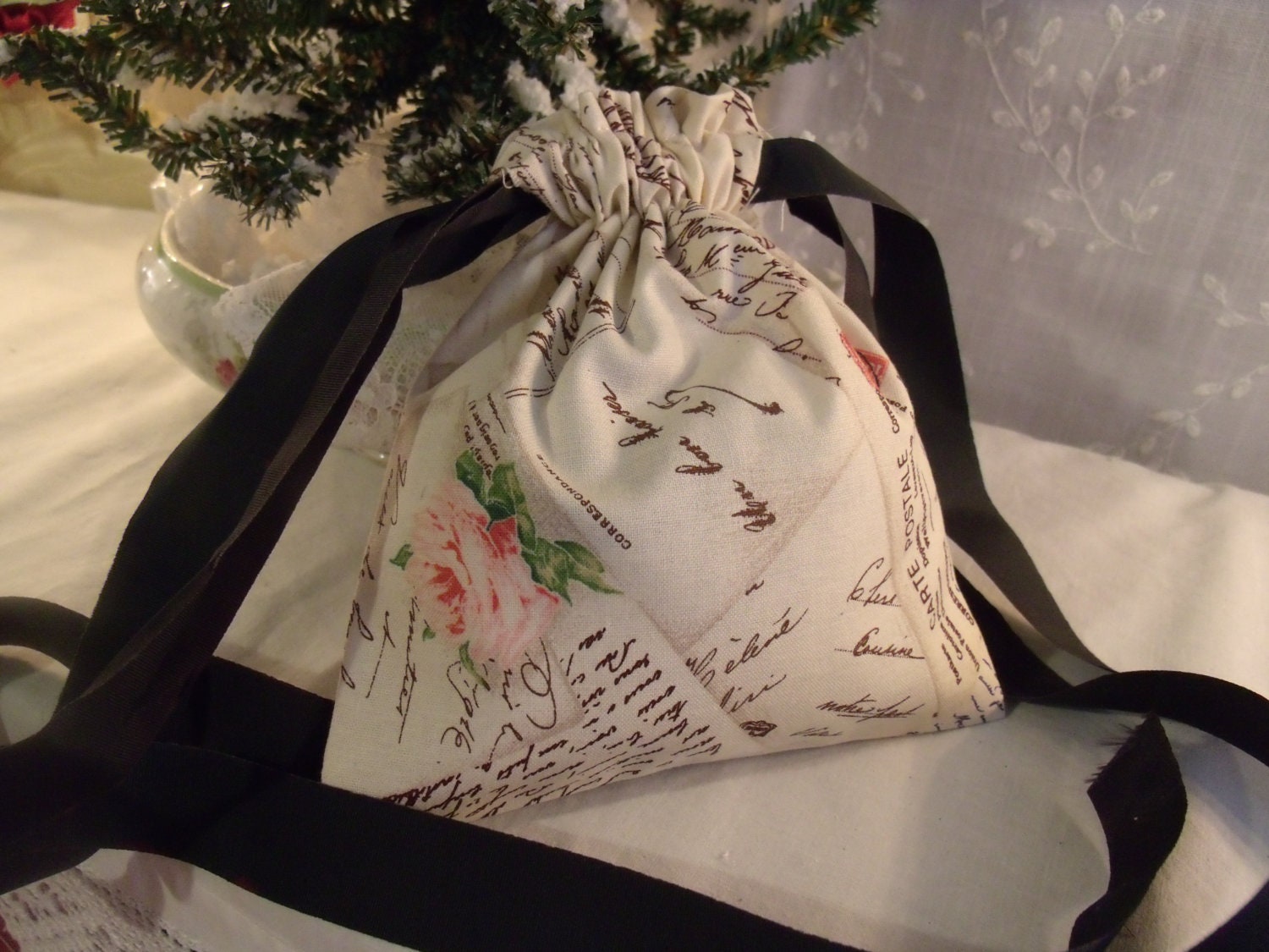 French Script Drawstring Gift Bag Carte Postale Fabric Handmade Victorian Moire Ribbon Quantities Avail