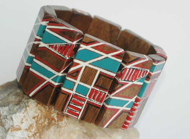 Hand Painted Walnut Wood Bracelet Wearable  Geometric Bracelet Art Jewelry Abstract Jewelry Wooden Bracelet