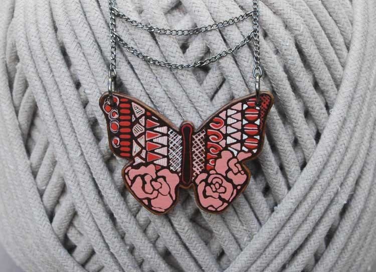Butterfly Necklace Walnut Wood Art Necklace Animal Necklace Jewelry Coral