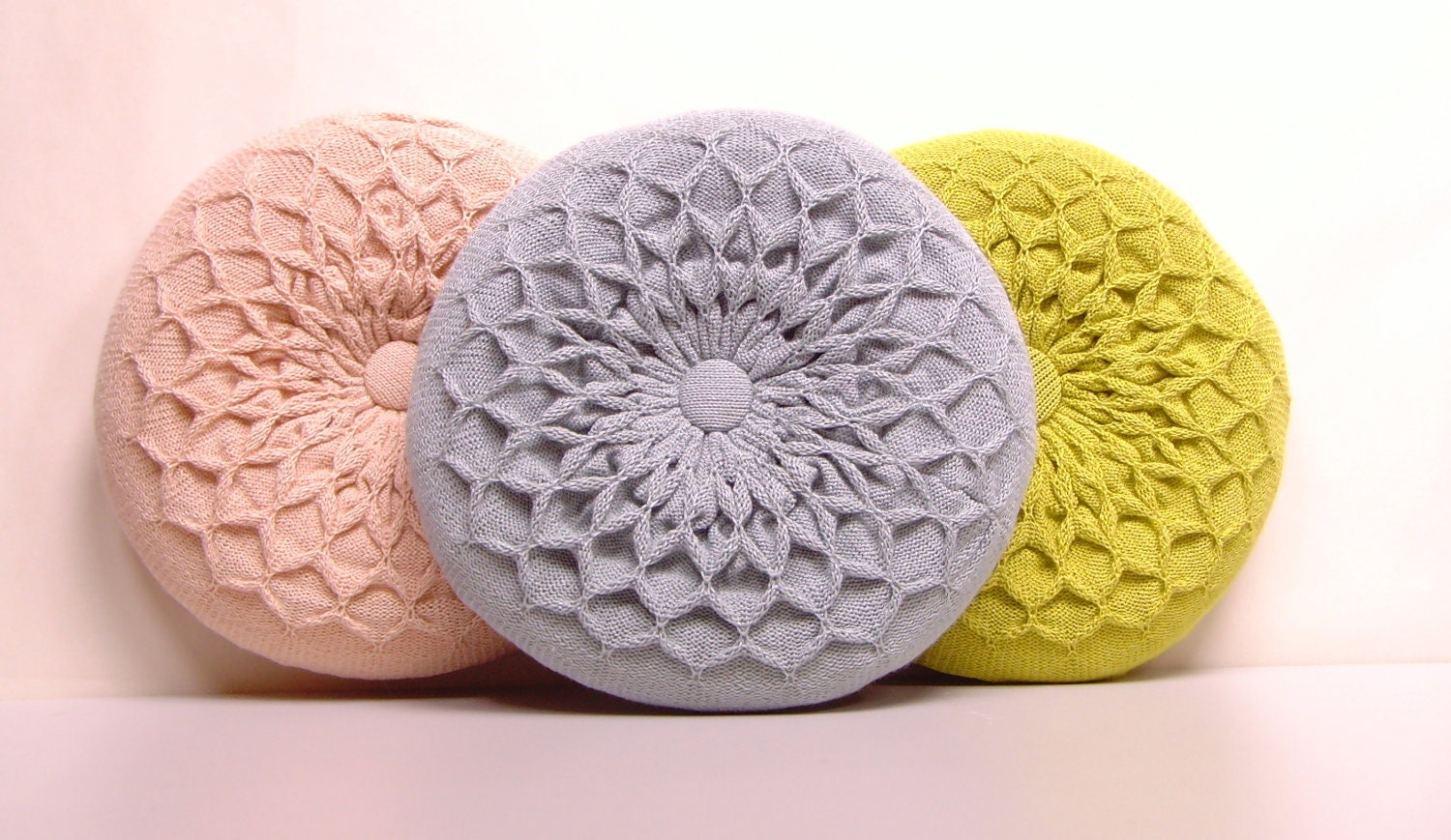 Green Pillow. Knitted Circular Waffle Cushion. Chartreuse Green Pillow Hand Puckered Waffle Design. Round Pillow Medium Size