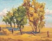 ACEO Autumn landscape scene PRINT.   Traditional landscape of trees and fence in fall. Yellow, green, orange. 2.5x3.5 inches.