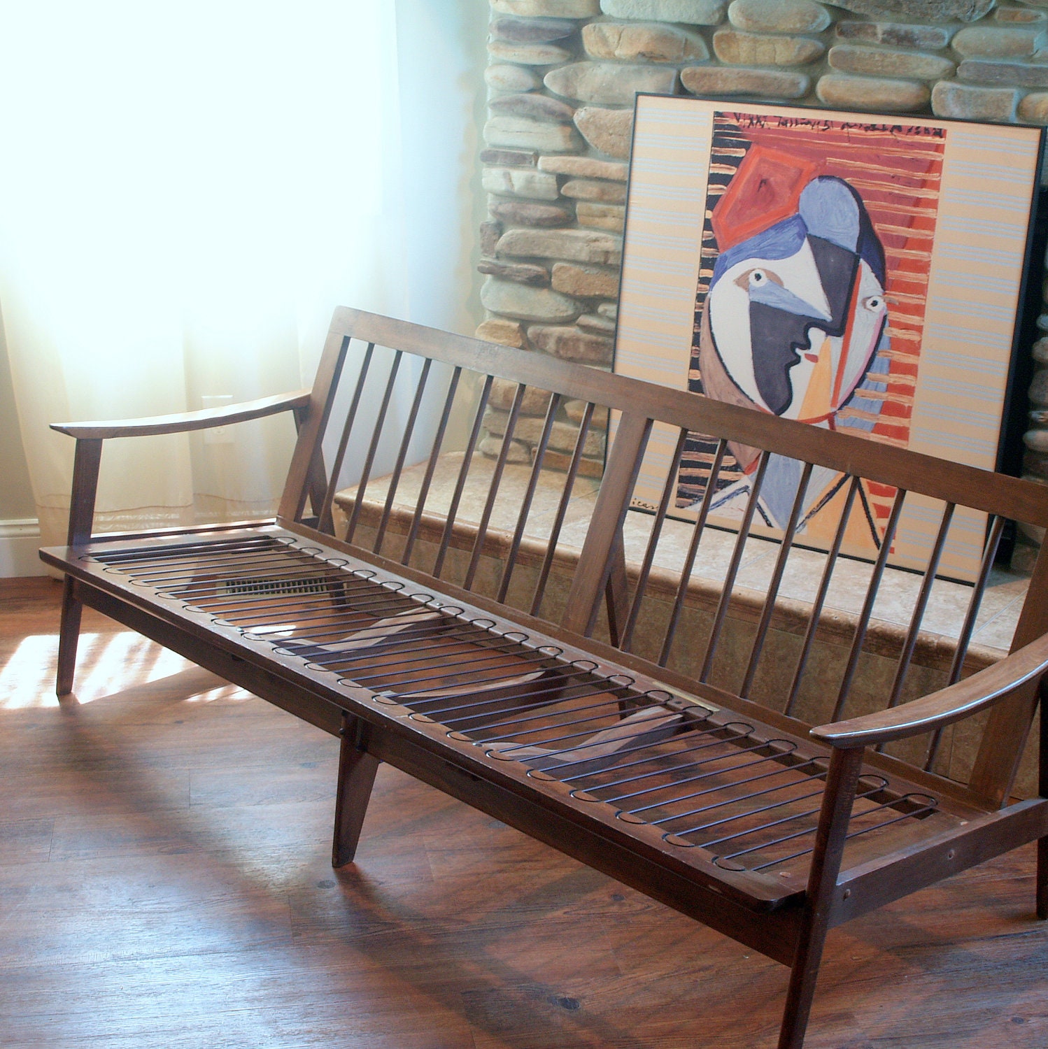 VINTAGE DANISH MODERN Sofa Lovely 1950's Mid Century Modern Furniture Lounge Style Solid Wood Teal and Walnut European Made Chicago Listing
